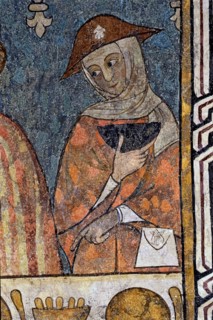 Mural of the old refectory of the Cathedral of Lleida, tempera painting, detail of various banque?