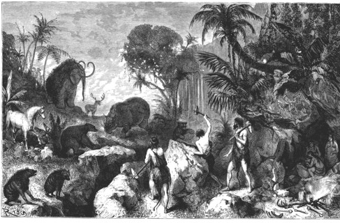 Primitive men defending from animals, engraving, 1900.