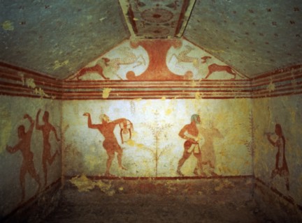 Frescoes in the Baccanti tomb in the necropolis of Montarozzi at Tarquinia.