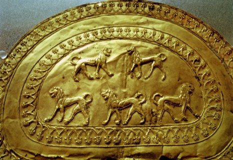Etruscan gold fibula decorated with five lions, from the Regolini Galassi tomb.