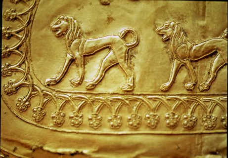 Etruscan gold fibula decorated with five lions, from the Regolini Galassi tomb, detail of the low?