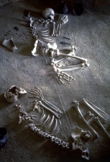 Collective burial, necropolis Ponte San Pietro (Lazio), detail of two adult skeletons of a man an?