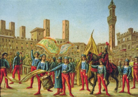 View of the Piazza del Campo in Siena during the Palio celebration where the representatives of t?