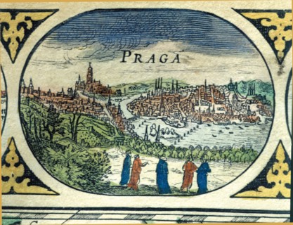 Prague, colored engraving from the book 'Le Theatre du monde' or 'Nouvel Atlas', 1645, created, p?