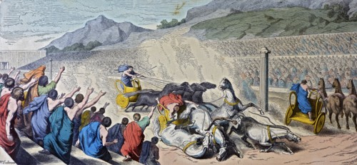 Games in Greece, chariot race, engraving, 1862.