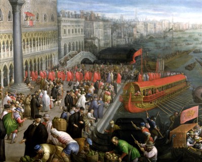 'The Riva Degli Schiavoni in Venice', detail, commercial activity and clothing in Venice.