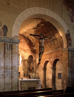 Interior of the Church of San Julián or Santullano de los Prados with painting remains, founded b?