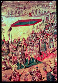 Reception of Moctezuma, detail of a nacred painting of the conquest of Mexico by Hernán Cortés, w?