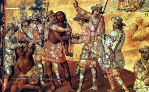 Conquerors cut the hands to two spies of Xicotenca the Younger, detail of a nacred painting, 1698.