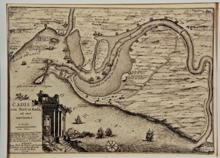 Schematic drawing of the harbor and the roads of the bay of Cadiz, at left drawing of the Pillars?