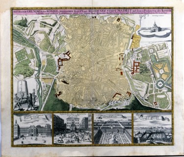 Colored plan of Madrid, hand engraving. Austria, c. 1710, by C. Lotter.