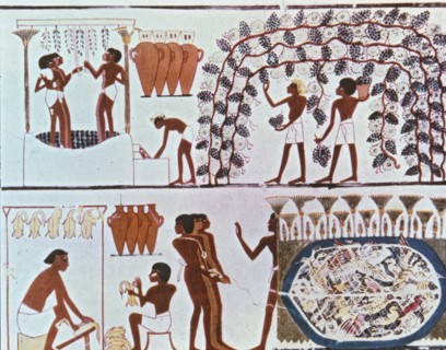 Fresco from the tomb of Nakht with wine harvest scene and bird hunting in a swamp