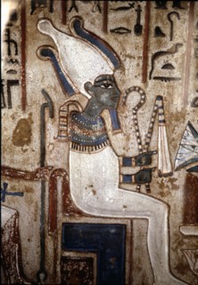 Funerary stela depicting the god Osiris, made in polychromed limestone. From Thebes.