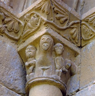 'The Visitation', capital of the front of the church of San Juan de Montañana (Huesca).