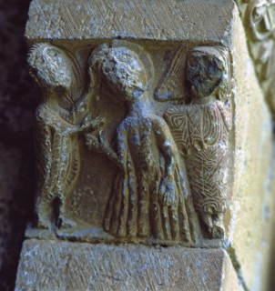 'Saint John baptising Christ', capital of the front of the church of San Juan de Montañana (Hues?