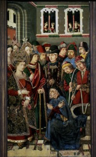 Altarpiece of the Holy Cross, scene of the interrogation to a Jew, tempera painting by Martin Ber?