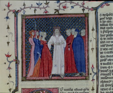 Clergyman marrying a couple, Miniature 'Libri III-IV. Distinctionum', codex, 1348, by Henricus vo?