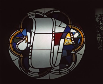 'Rosassa Sanctus', stained-glass window leaded in silver gray and yellow, original drawing by An?