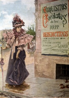 Advertisement of the Benedictine Fathers chocolates, drawing by Bringa Mendez, 1902.