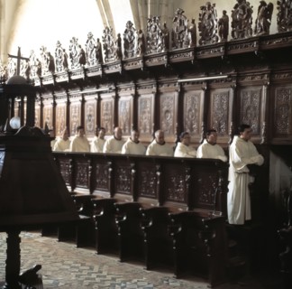 Monastery of Santa María de la Huerta, church, detail of the carved choir in walnut wood.