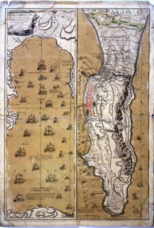 Colored drawing of the bay and the territory of Gibraltar during the naval battle that Spain and ?