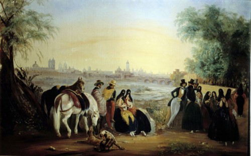 View of Lima with ladies and gentlemen walking by the Rimac river, oil, 1843.
