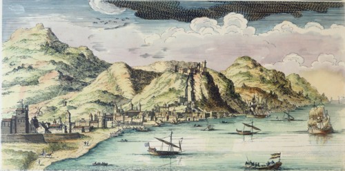 General view of the city of Malaga, engraving.