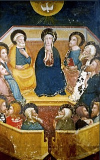 Virgin with the apostles' detail of the paintings by Ferrer Bassa, frescoes preserved in the chap?