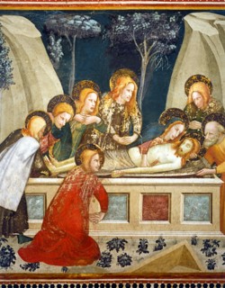 Jesus in the tomb with her ??mother and apostles' by Ferrer Bassa.