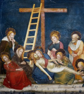 Pietà' Jesus dead in his mother's arms and the Apostles, detail of picture of Ferrer Bassa, prese?