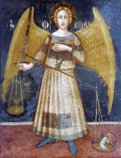 Angel holding a balance', detail of the paintings by Ferrer Bassa, frescoes preserved in the chap?