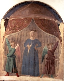 Madonna of Birth' painting by Piero della Francesca, fresco in the cemetery of Monterchi.