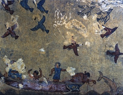 Tomb of hunting and fishing. Fresco depicting men in a fishing boat and birds flying, from Tarqui?