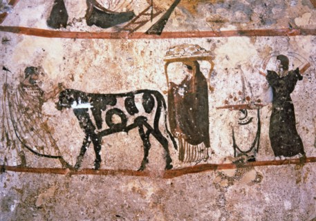 Priest on the way to a sacrificial altar. Picture in the Lucanian tomb at the Paestum Museum.