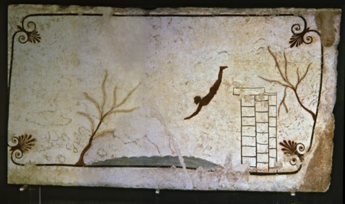 Painting showing a man jumping off a springboard at the Tomb of Jumper, Greek painting italic-inf?