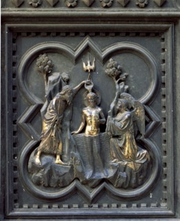 Baptism of Christ', 1329-1336. Bronze relief on the south portal of the Baptistery of the Florenc?