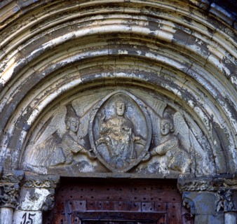 Church of Our Lady of Baldos in Montañana (Huesca), detail of main portal with tympanum carved wi?