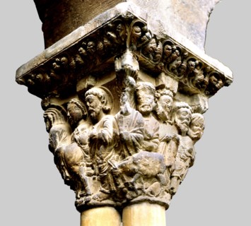 Entry of Jesus into Jerusalem, decoration of a capital of the cloister of the Tudela cathedral (N?