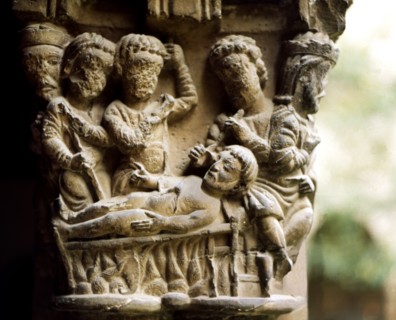Resurrection of Jesus, decoration of a capital of the cloister from the Cathedral of Tudela.