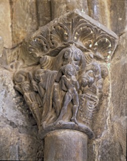 The sacrifice of Isaac, decoration of a capital in the south side porch of the cathedral of Jaca.