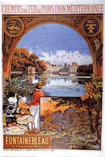 Poster advertising French railways of Paris Lyon, promoting the city of Fontainebleau.