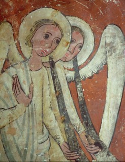 Mural of a sepulchral monument from San Pablo de Casserres, representing angels with long trumpet?