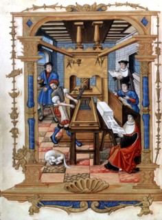 Interior of a printing house, miniature of 'Cantos reales sobre la Concepción' (Royal Songs on th?