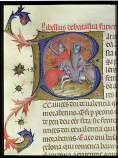 Llibre Verd, book of the city of Barcelona. 'Fight between knights', miniature decorating the ini?