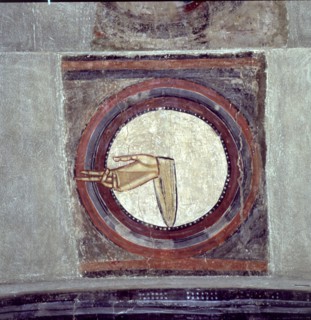 Detail with the hand of God in the apse of the church of Sant Climent de Taüll in the Vall de Boi?