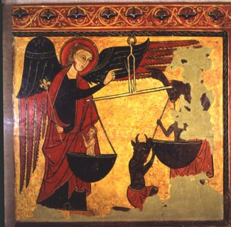 Saint Michael weighing souls and demon trying to appropriate them. Painting on wood, board from a?