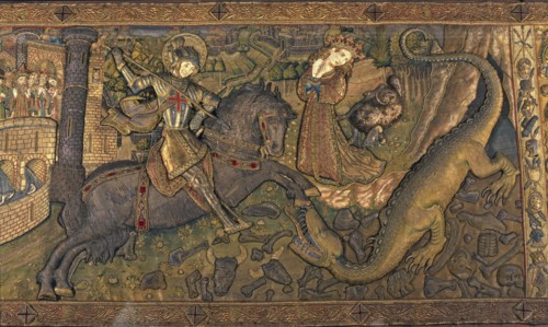 Frontal of Saint George, in linen embroidered fabric, years 1450-1451.