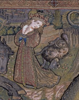 Frontal of Saint George, in linen embroidered fabric, years 1450-1451, detail of the captive prin?
