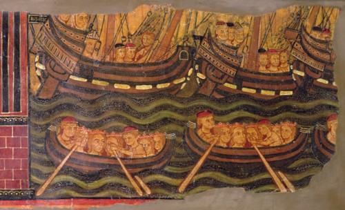 St. Ursula and the Virgins in their journey to Rome in sailing and rowing boats. Detail of a tabl?