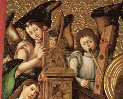 Detail of the central panel of an altarpiece dedicated to St. Vincent Martyr, angels playing harp?